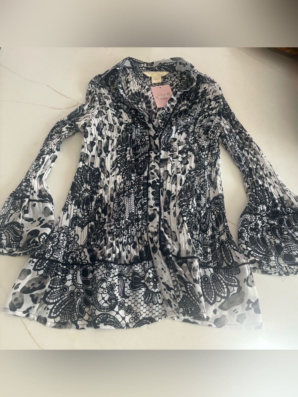 Women’s Black & White Printed Pleated Blouse by